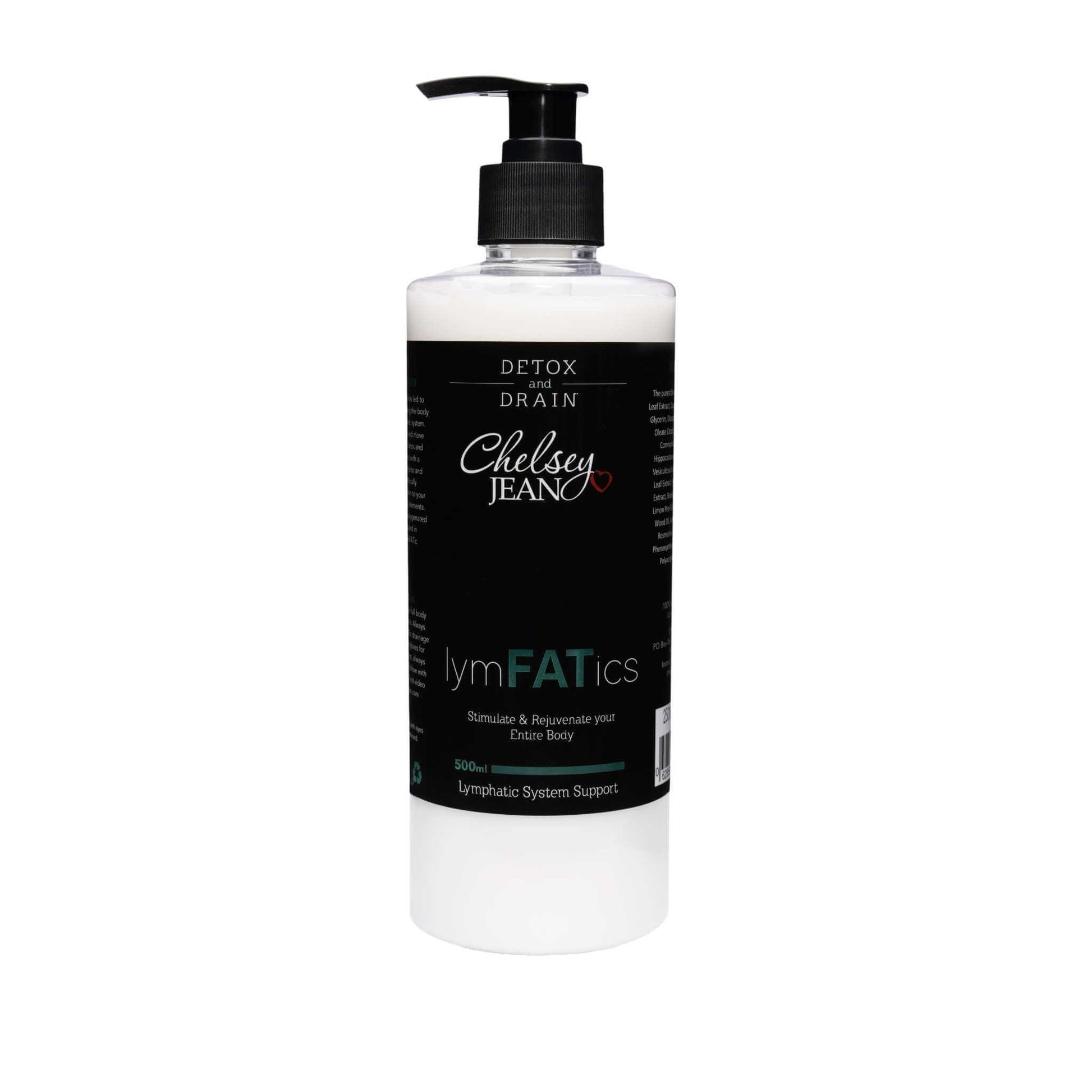 Bottle of 500ml lymphatics cream on a white background