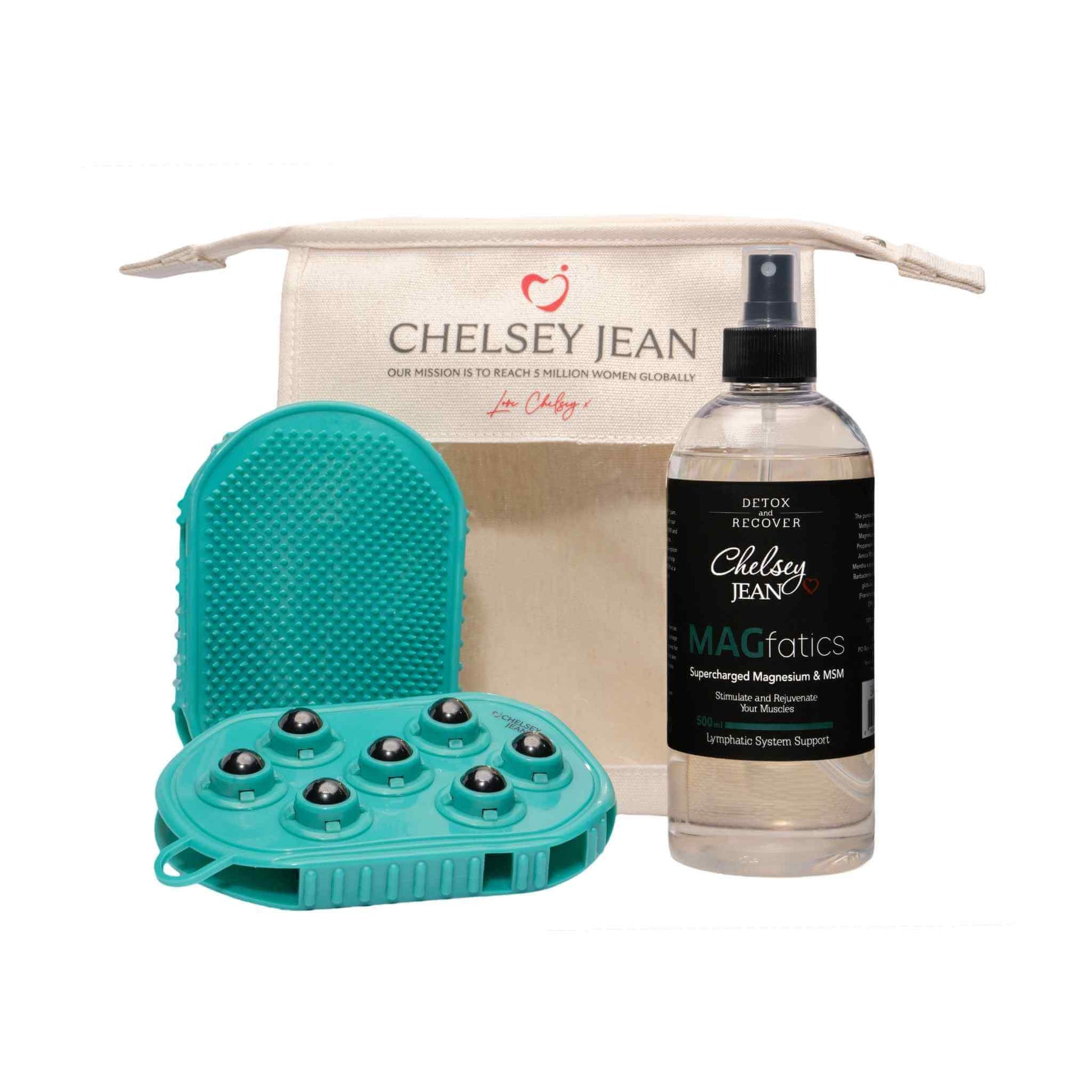 Teal dual action lymphatic gloves, a 500ml bottle of magfatics oil and a swag bag with 'Chelsey Jean' branding on a white background