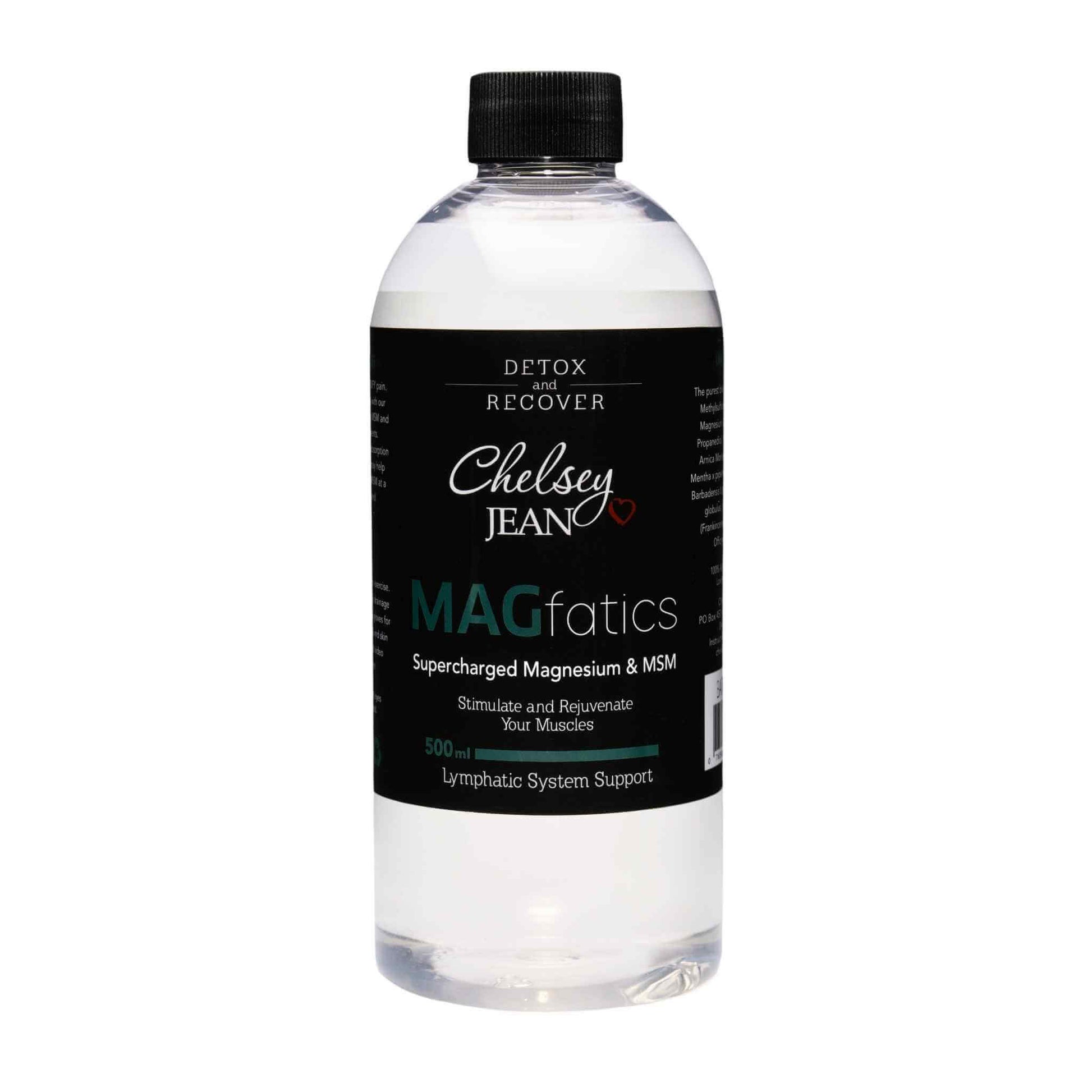 500 ml bottle of Chelsey Jean Magfatics oil on a white background