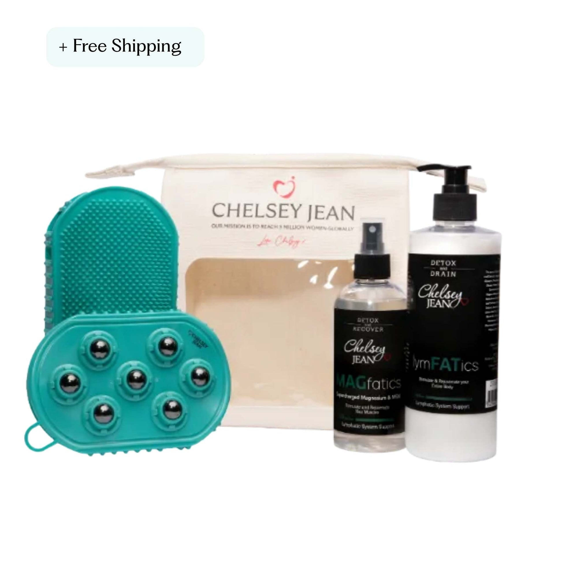 Chelsey Jean skincare and cleaning product set with teal scrubber, white bag, and bottles on a white background.