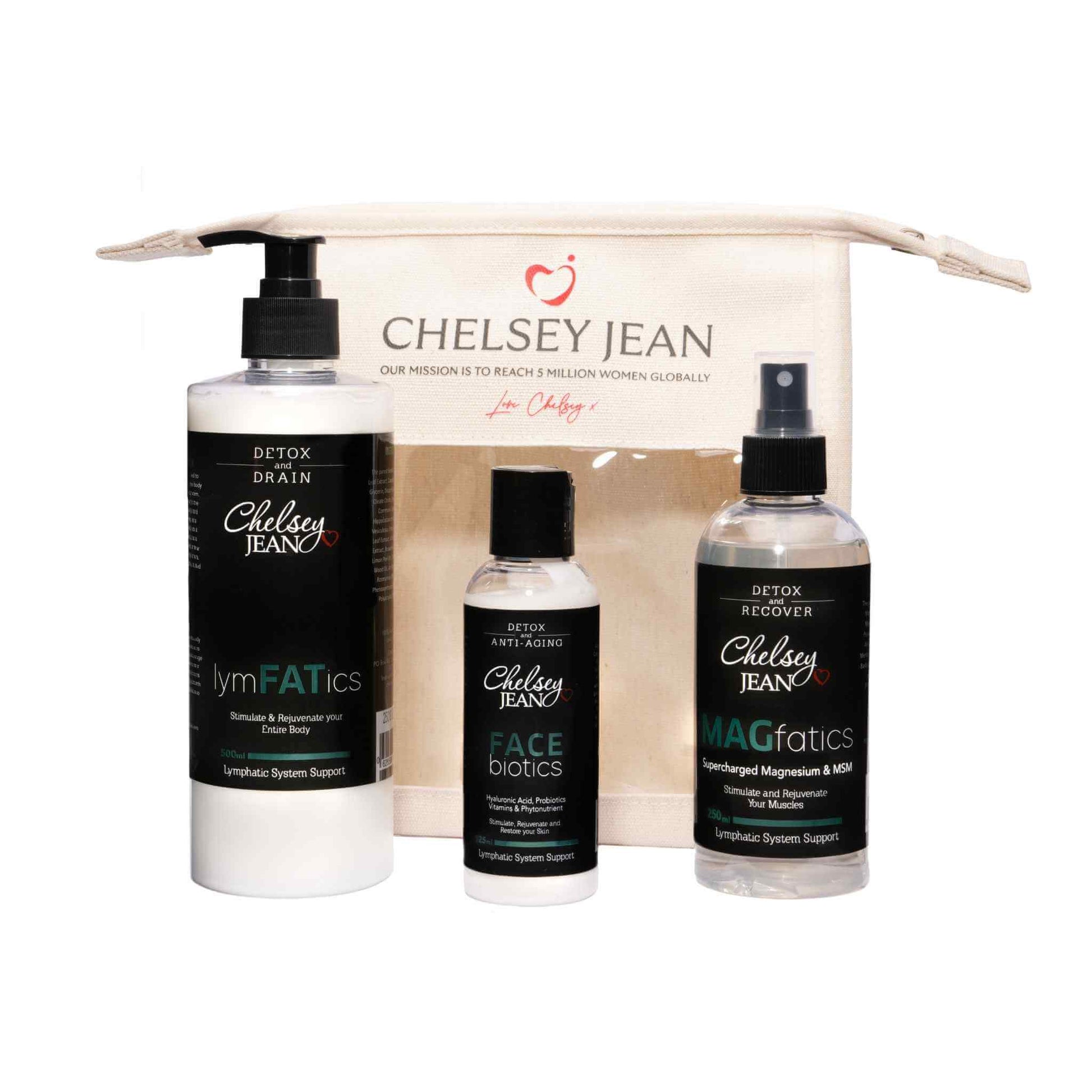 chelsey jean swag bag with the 500ml lymphatics cream, 125ml facebiotics and 250ml magfatics oil