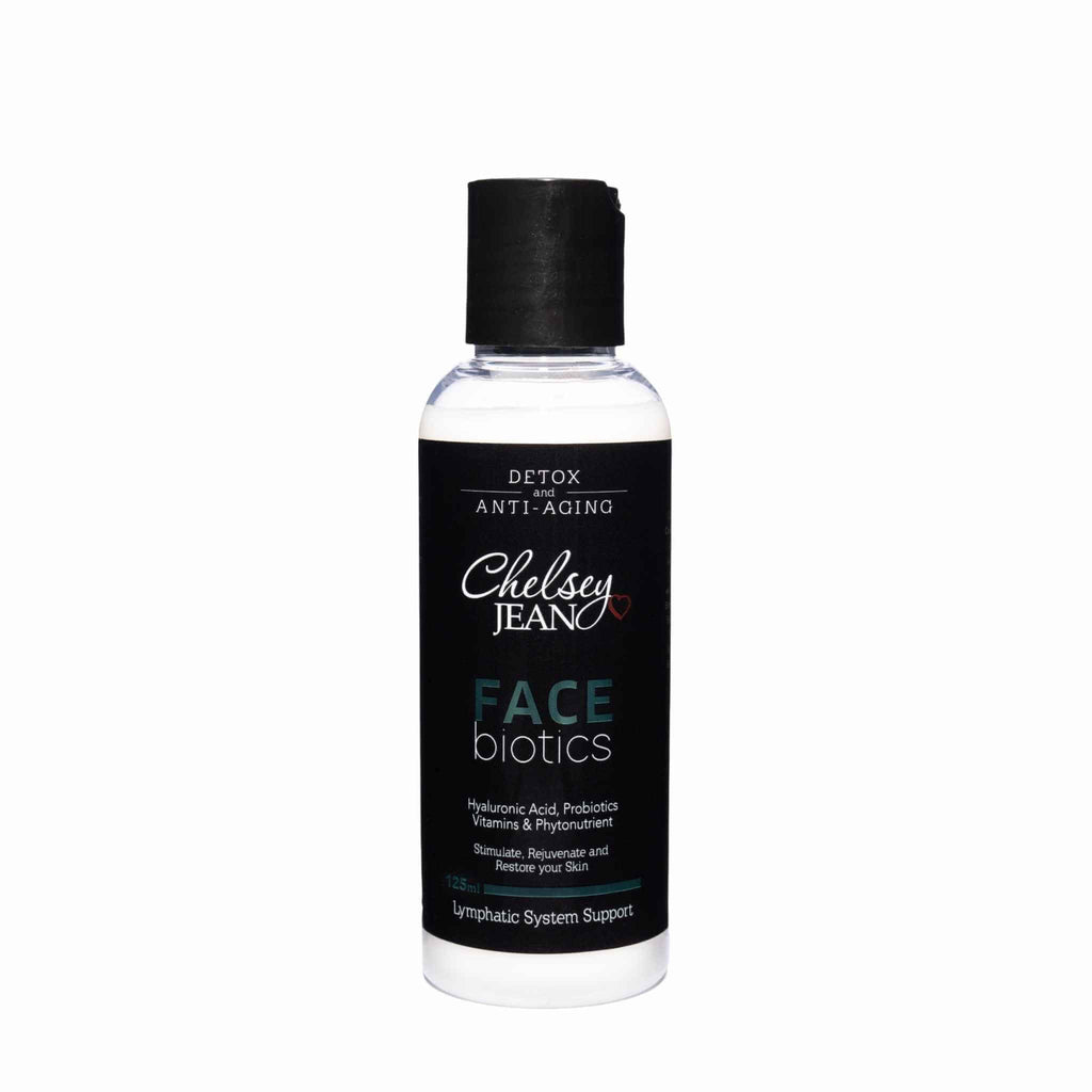 125ml bottle of Chelsey Jean facebiotics cream on a white background