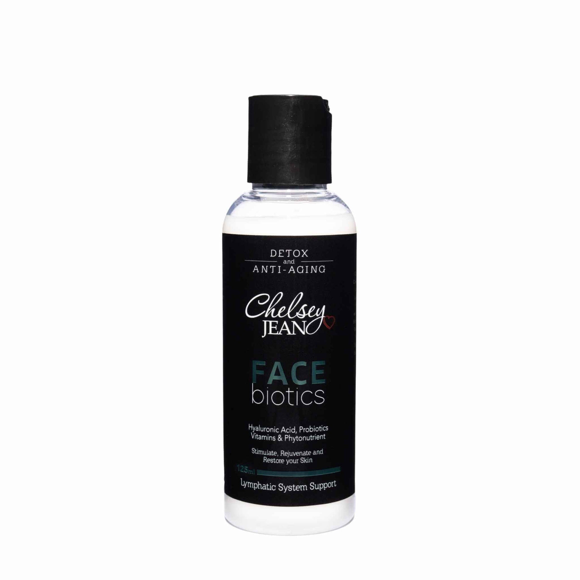125ml bottle of Chelsey Jean facebiotics cream on a white background