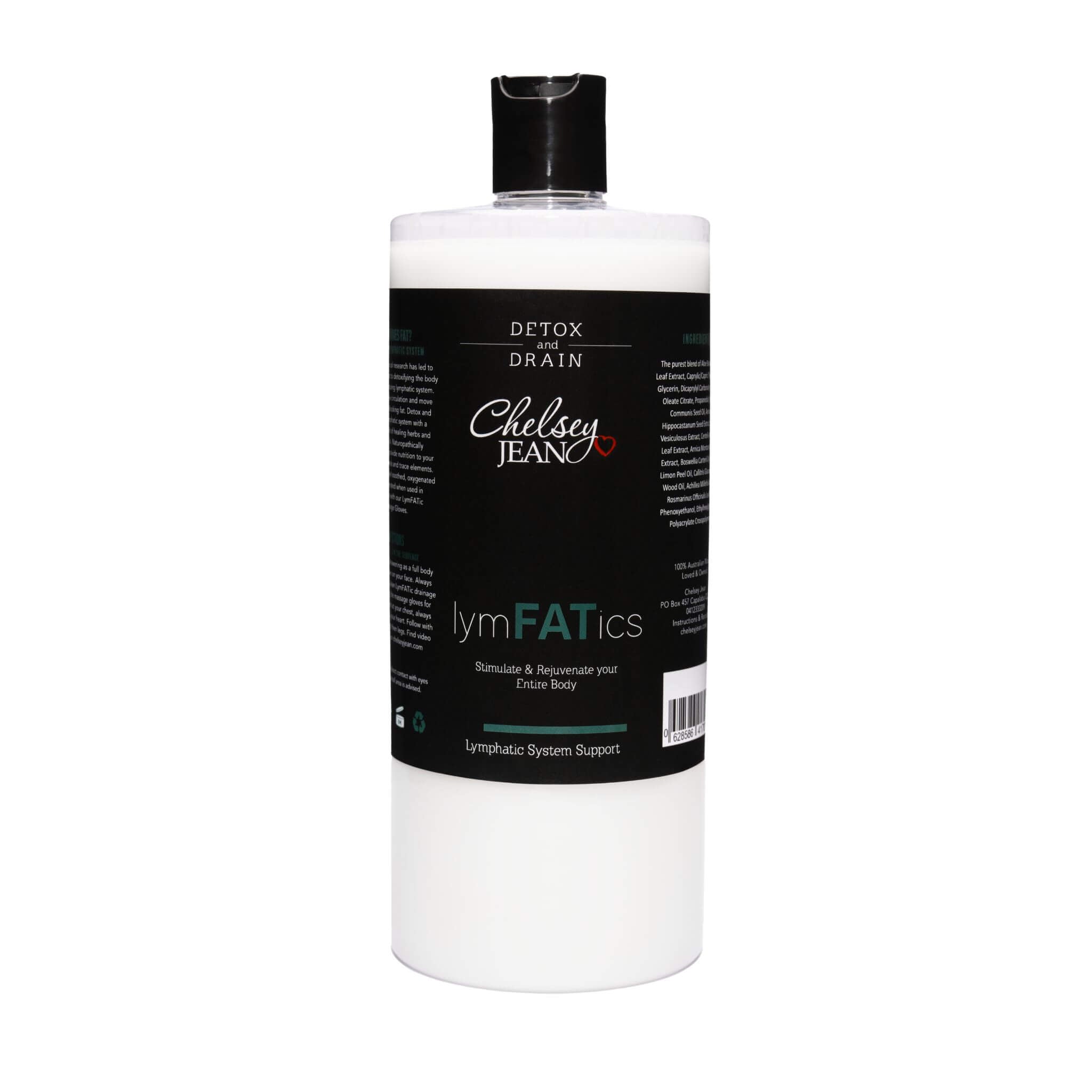 1L bottle of lymphatics cream product by Chelsey Jean on a white background