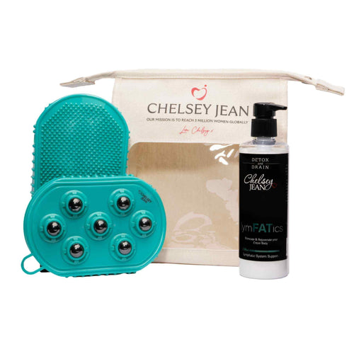 Teal Lymphatic Gloves, Swag Bag, and 250ml lymphatic cream with pump labeled 'Chelsey Jean' on a white background.