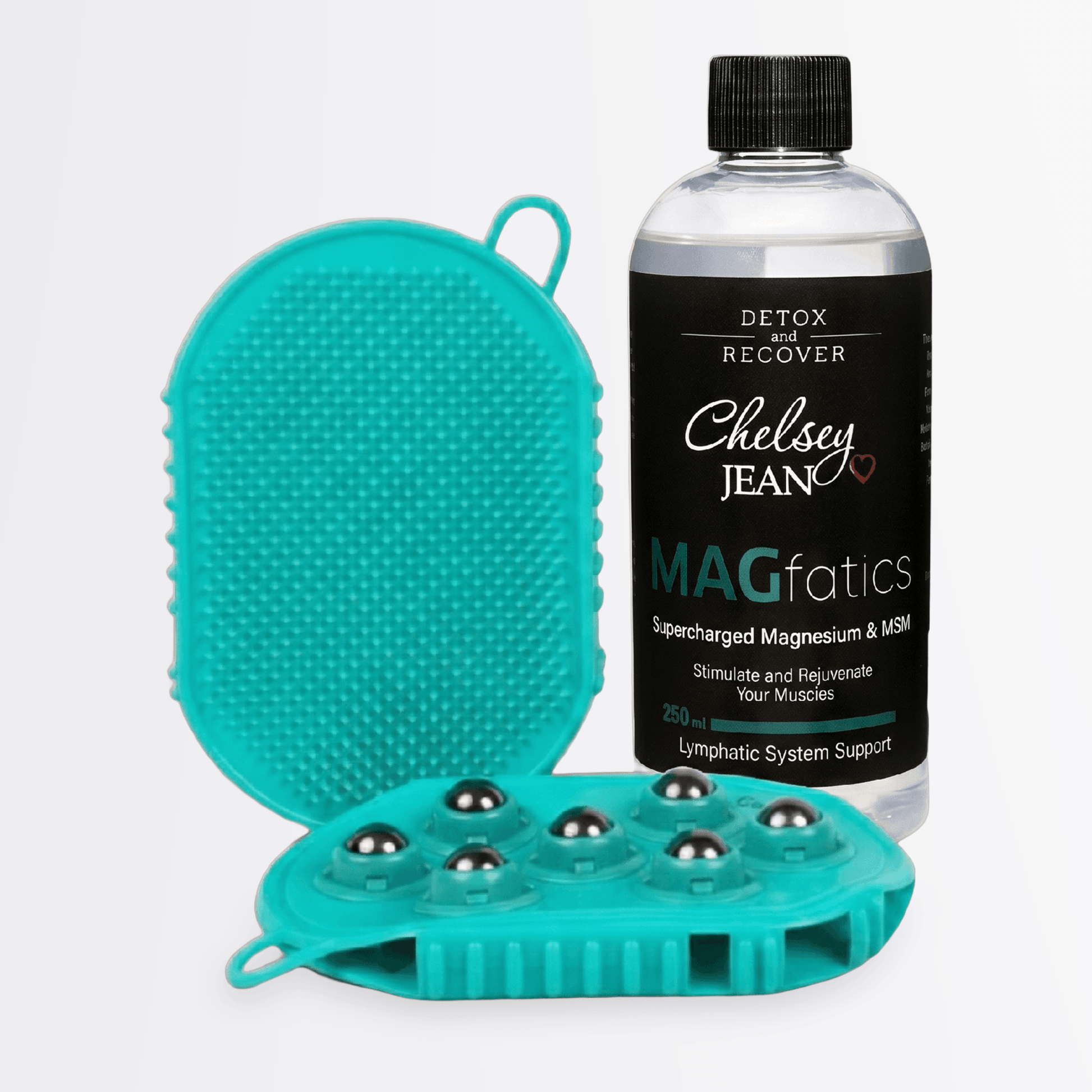 250ml MAGfatics Recovery Kit packshot — 250ml oil and Dual-Action Lymphatic Gloves on a grey studio background