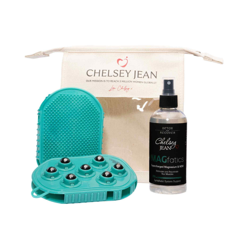 Teal dual action lymphatic gloves, 250ml bottle of magfatics oil and swag bag with 'Chelsey Jean' branding on a white background