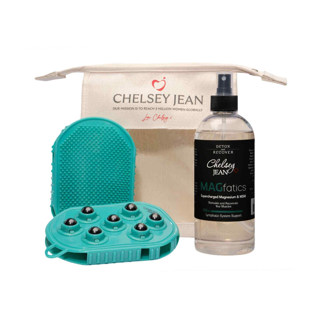 Teal dual action lymphatic gloves, a 500ml bottle of magfatics oil and a swag bag with 'Chelsey Jean' branding on a white background