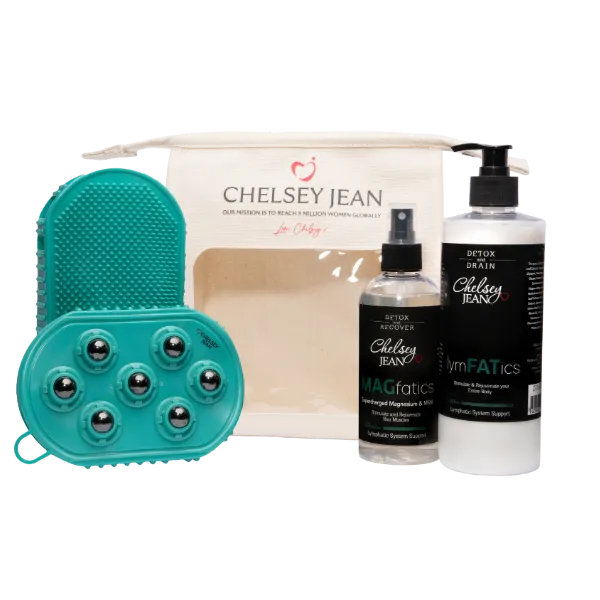 Chelsey Jean essentials kit with a teal dual action lymphatic gloves, swag bag, and bottles of 250ml magfatics oil and 500ml lymphatics cream