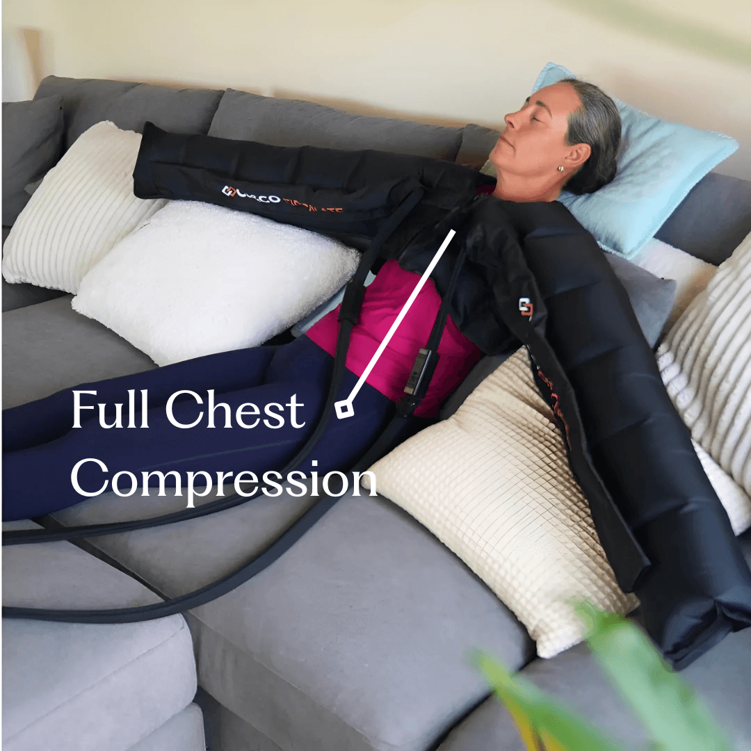 Person lying on a couch with a full chest compression device by cjco circulate