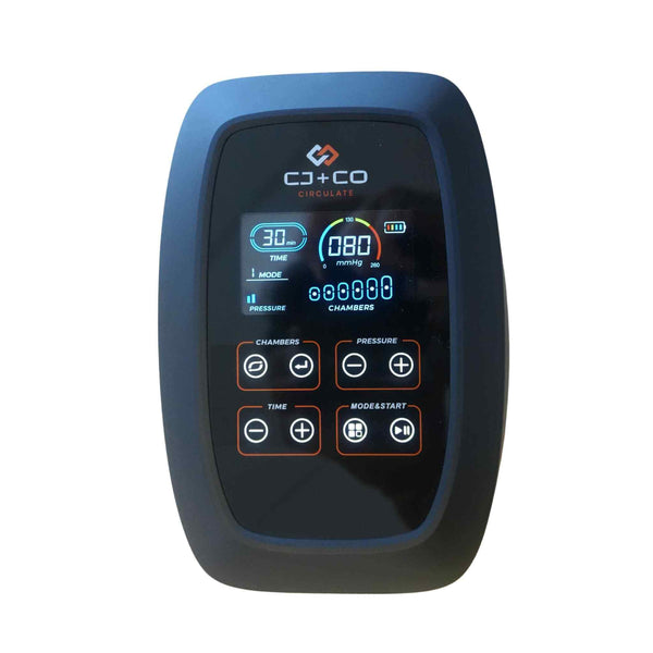 Digital control panel with a blue border and visible brand logo on a white background