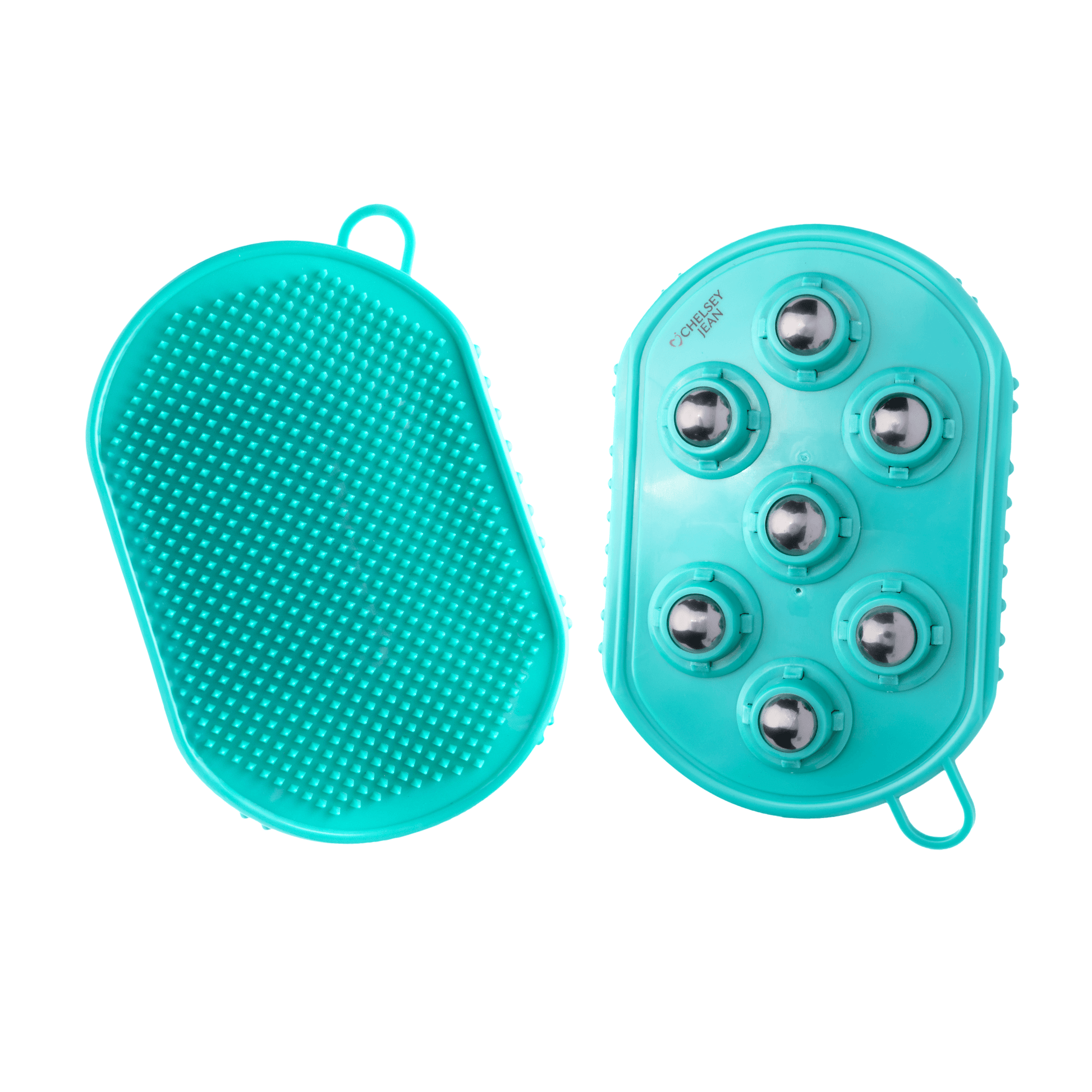 Two turquoise silicone tools with textured surfaces on a white background