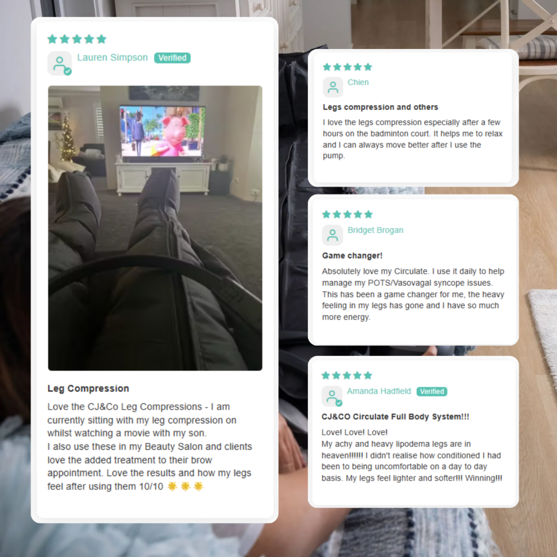 Person sitting on a couch with a TV in the background, surrounded by product reviews on a digital interface.