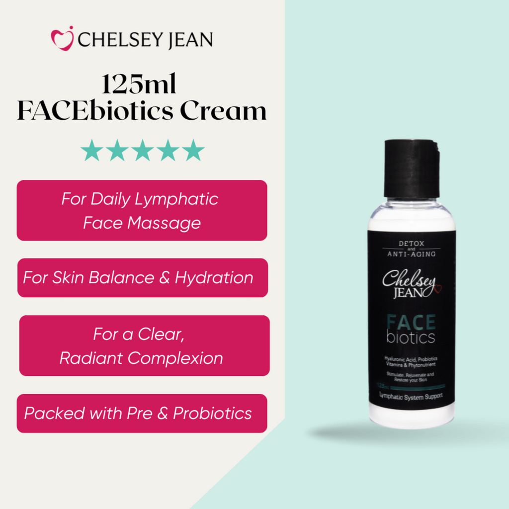 Chelsey Jean FACEbiotics Cream bottle with product features on a light blue background
