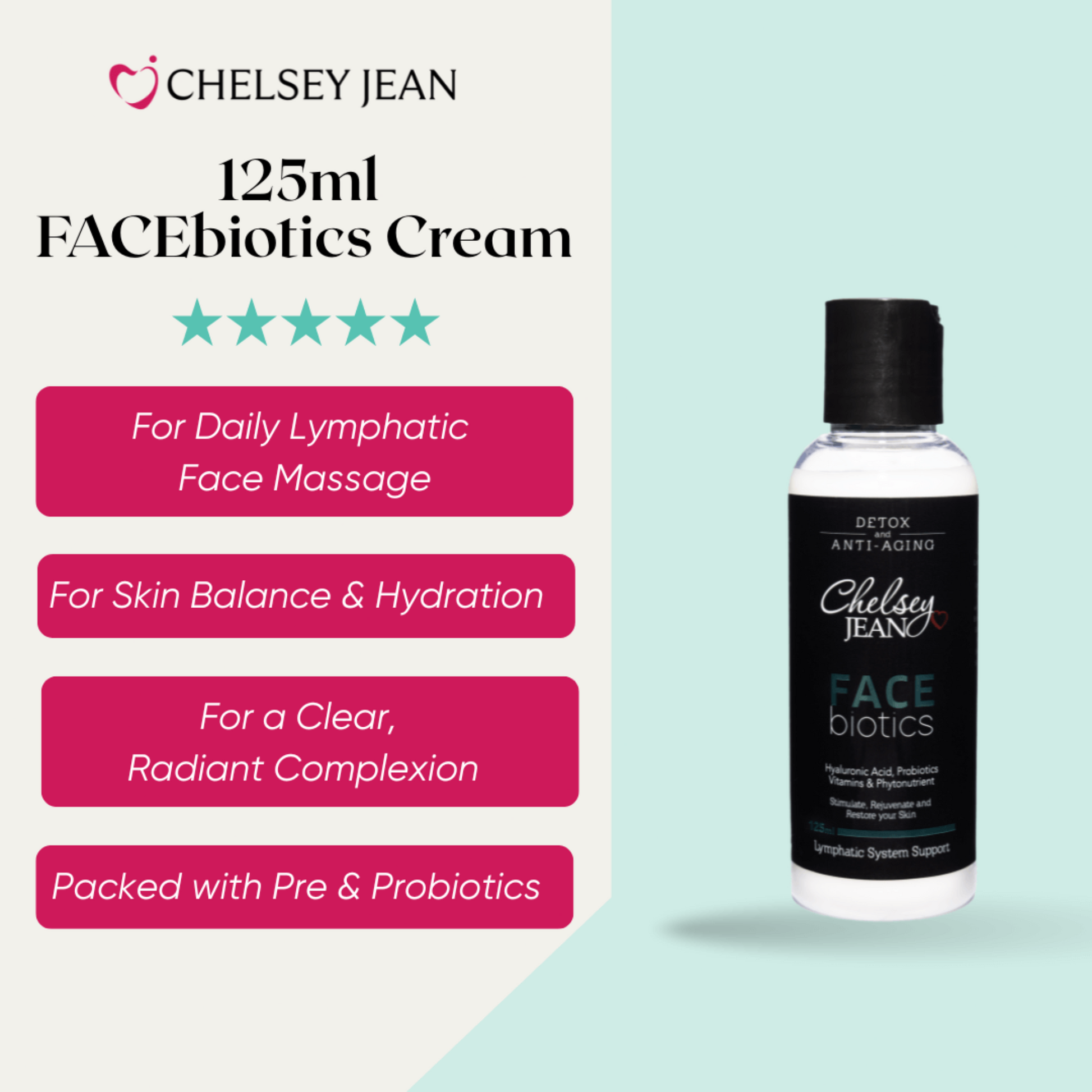 Chelsey Jean FACEbiotics Cream bottle with product features on a light blue background