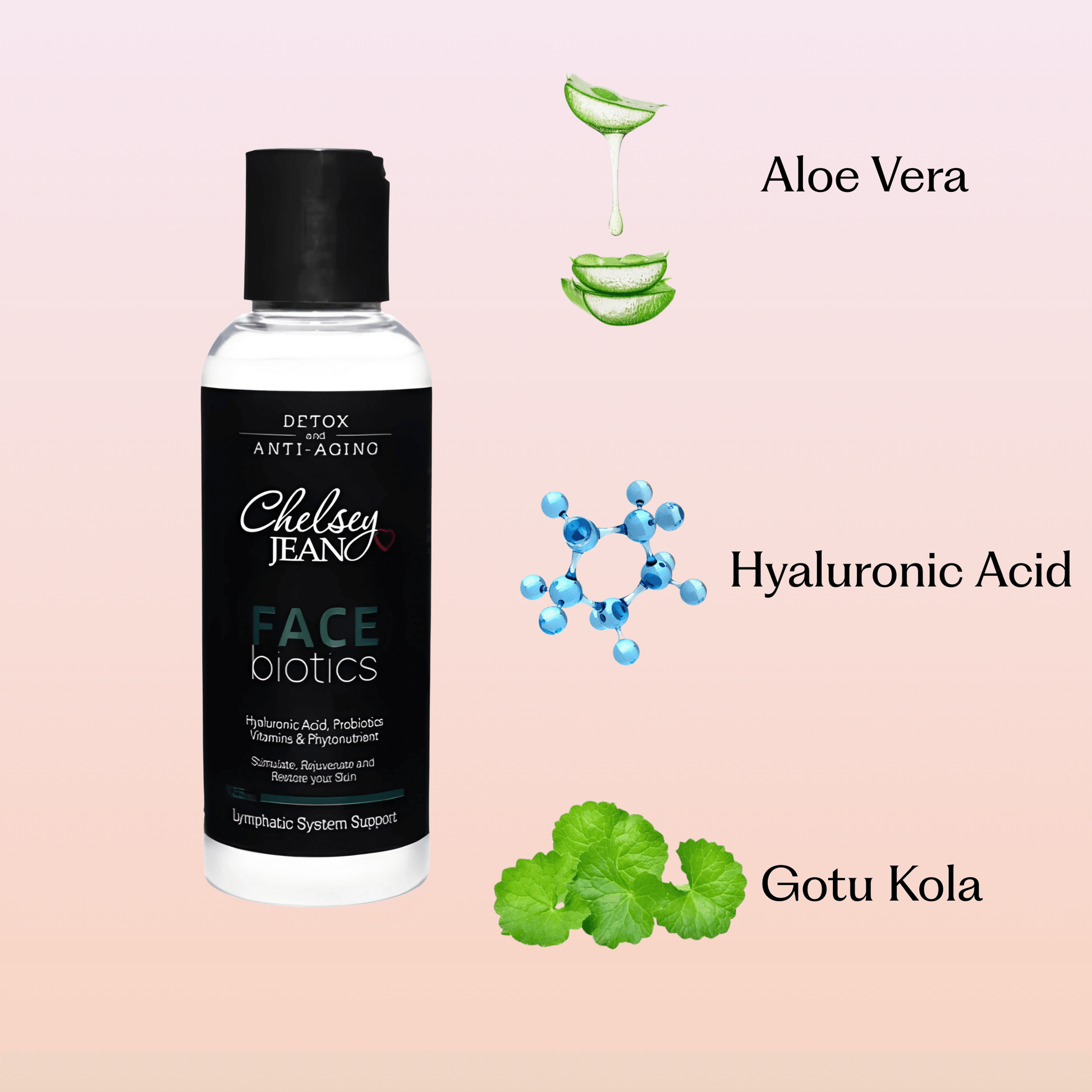 Bottle of Chelsey Jean Face Biotics with aloe vera, hyaluronic acid, and gotu kola graphics on a pink background
