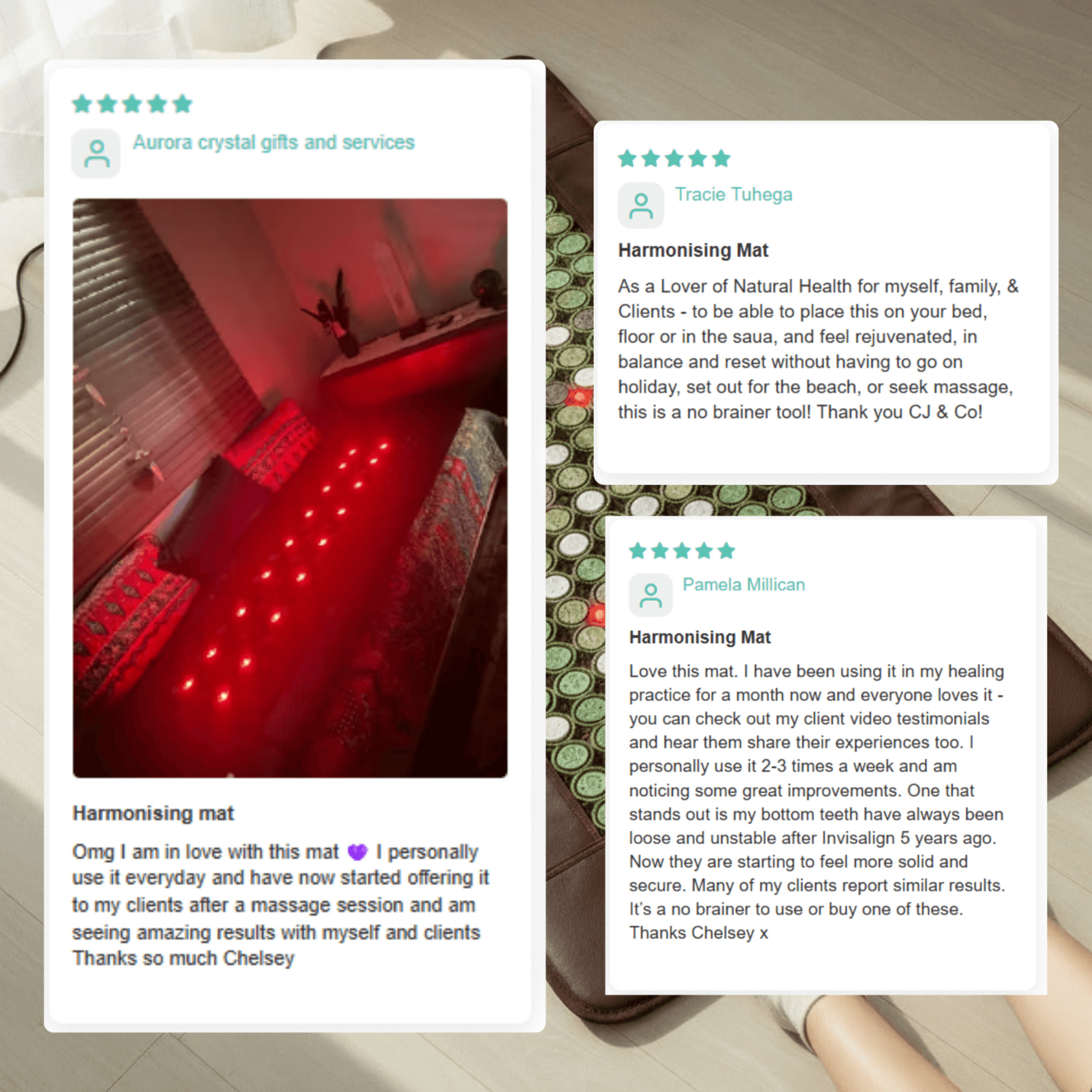 Harmonising mat with customer reviews and product image on a white background