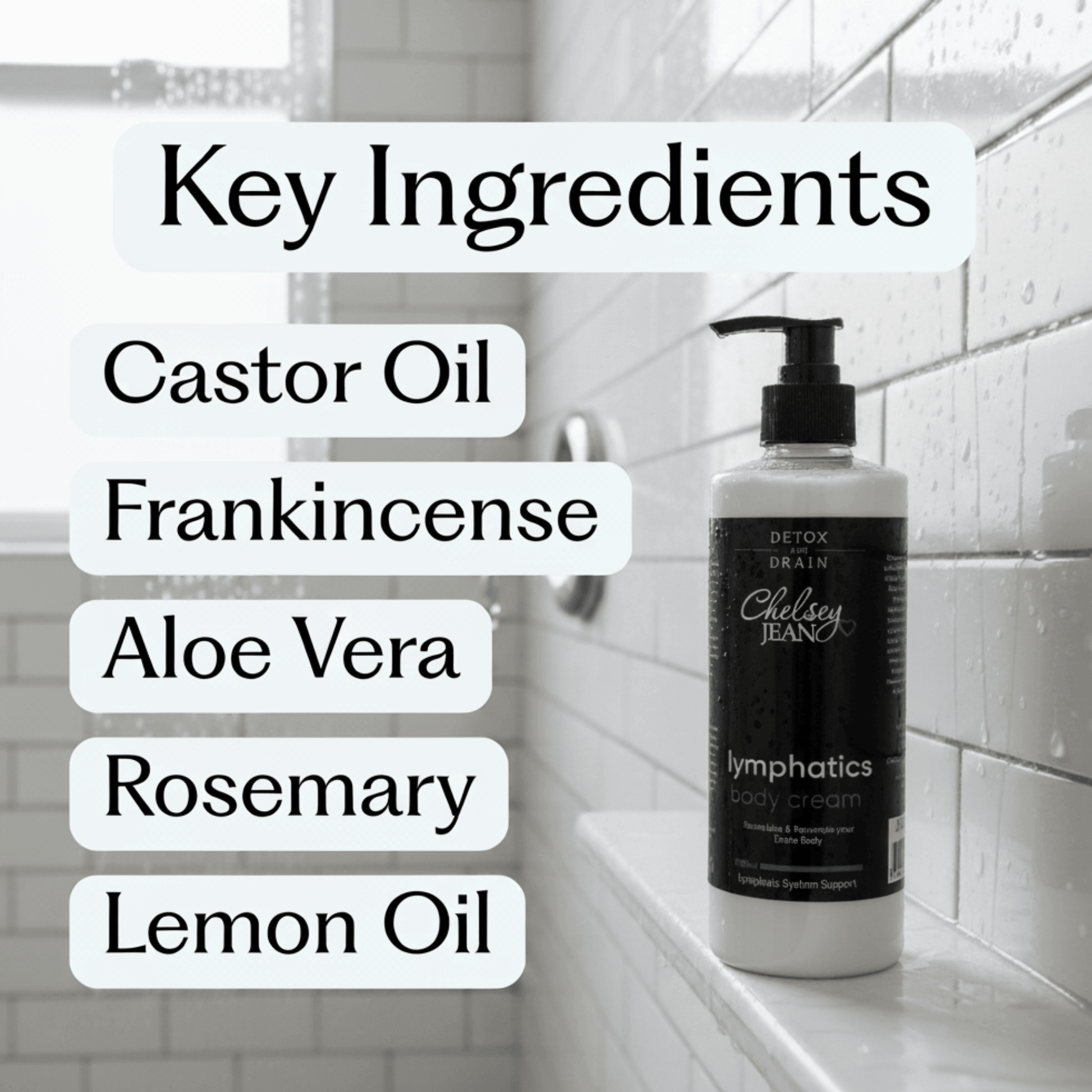 Body cream bottle with key ingredients listed on a tiled bathroom wall.