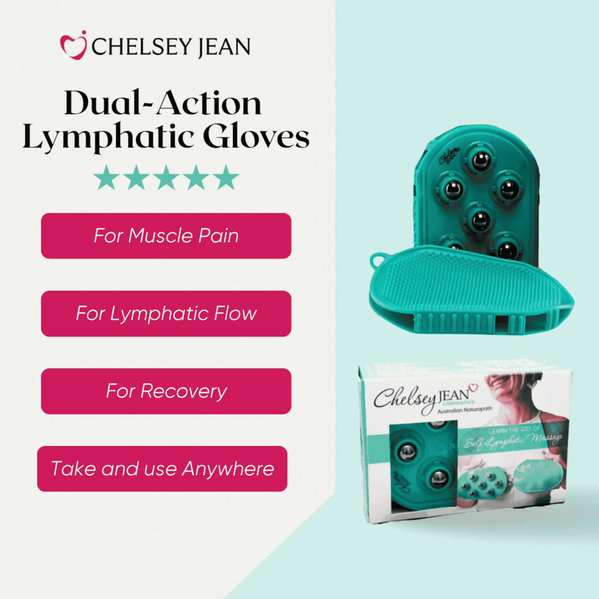 Chelsey Jean Dual-Action Lymphatic Gloves with product packaging with benefits on a light teal background