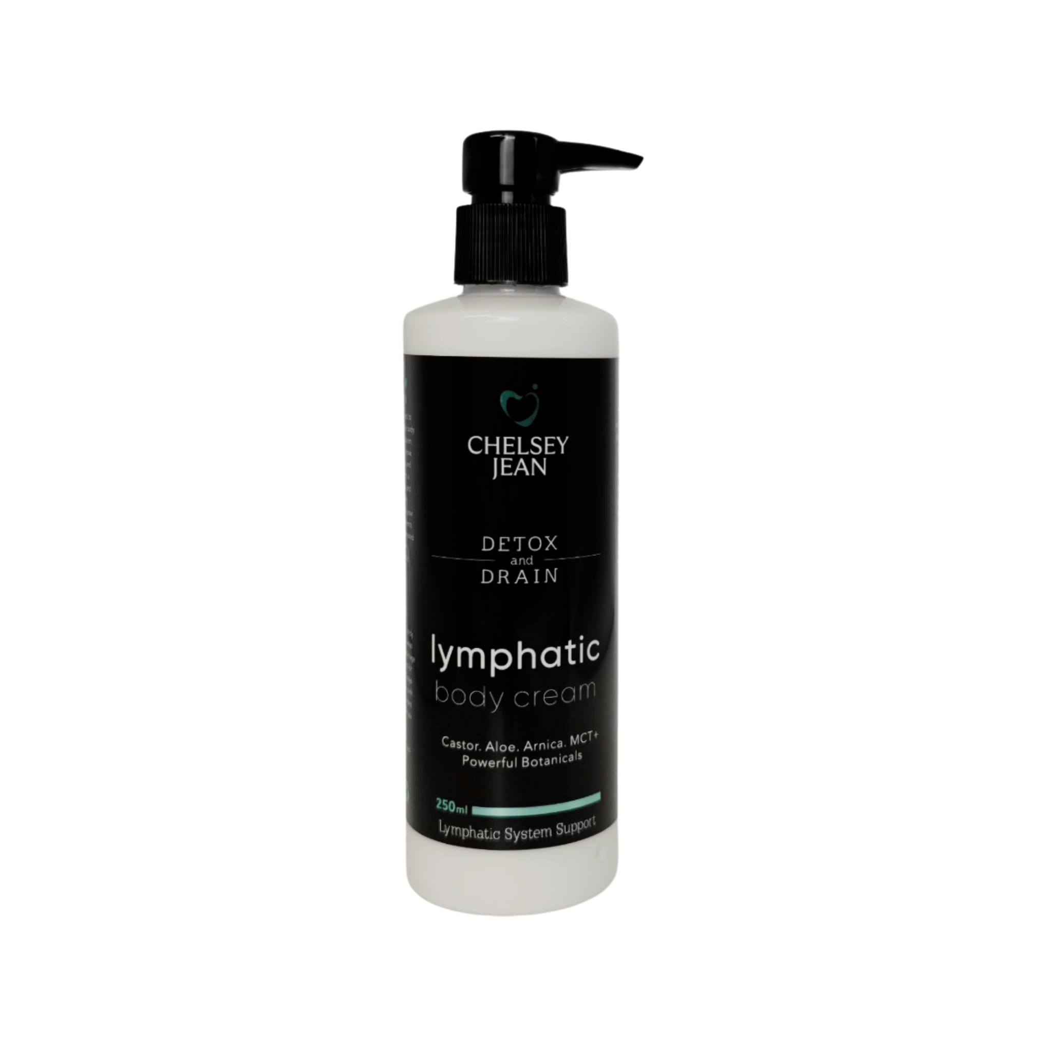 Bottle of Chelsey Jean lymphatic body cream on a white background