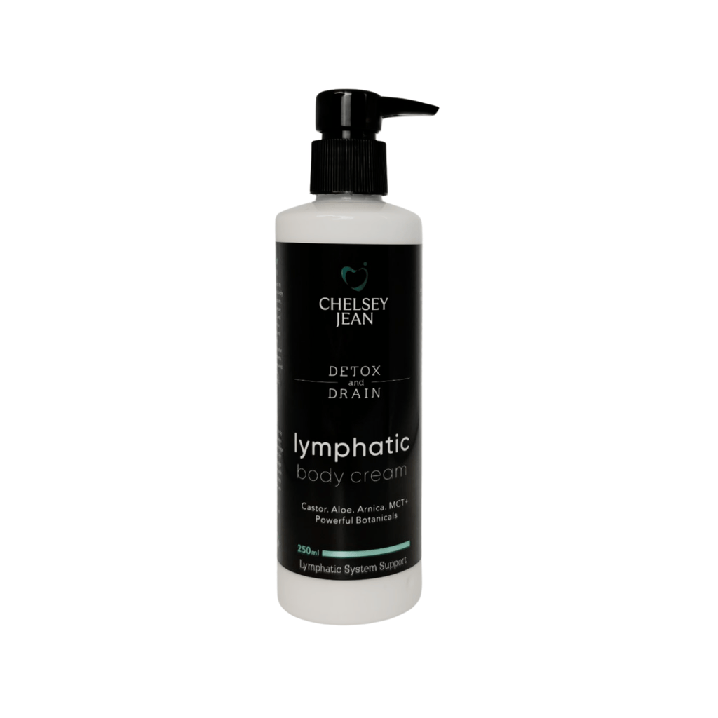 Bottle of Chelsey Jean lymphatic body cream on a white background