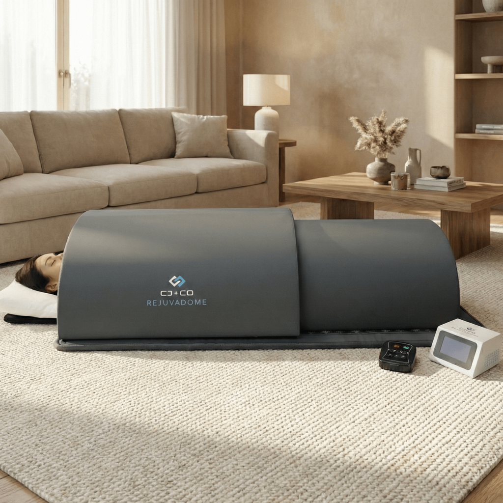 cjco rejuvadome sauna with harmonising mat being used in living room