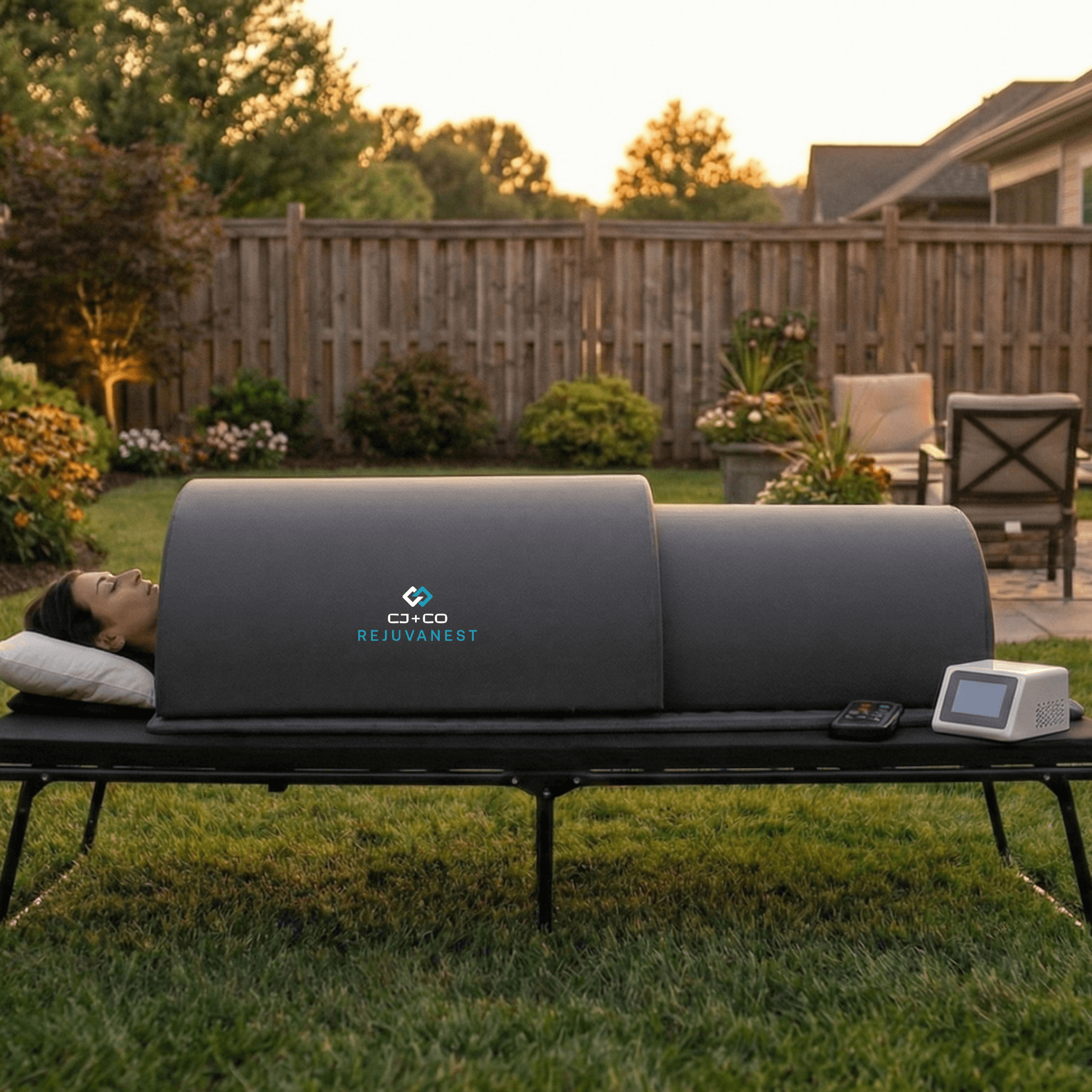 Person lying outside in a rejuvadome